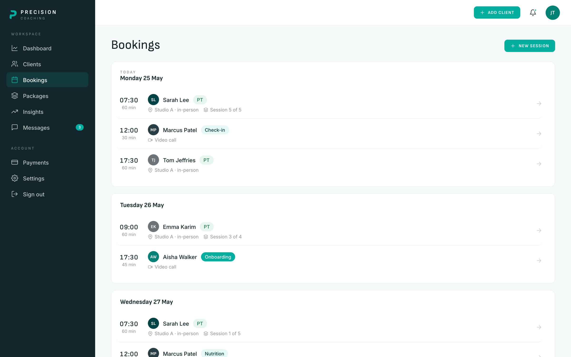 The Precision Coaching bookings screen showing a week of sessions by day, with times, durations, studio or video call, and the session number within each package