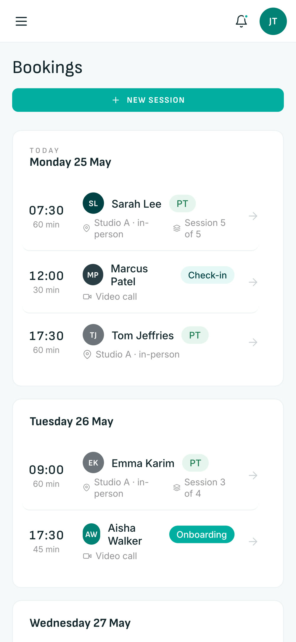 The Precision Coaching app showing a week of bookings by day, with session times, durations and whether each is in the studio or a video call