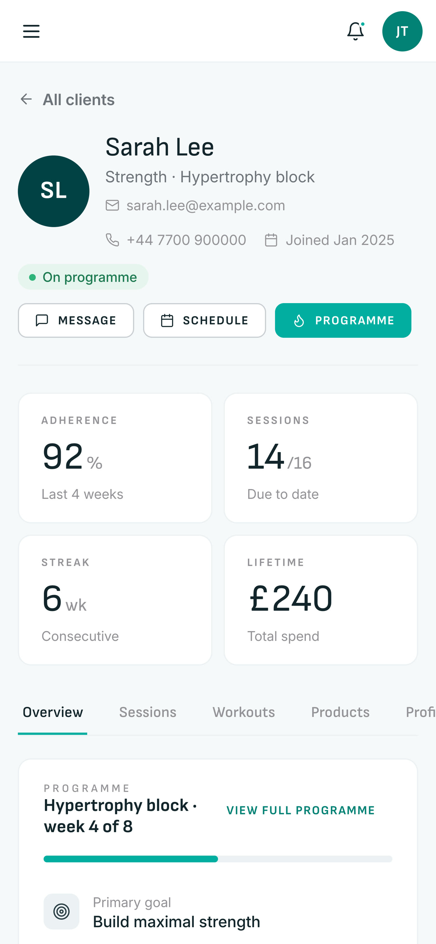 A client record in the Precision Coaching app showing 92 per cent adherence, 14 of 16 sessions, a six week streak and a hypertrophy block at week 4 of 8
